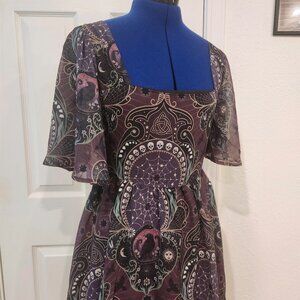 Plum maxi dress with ravens, spiderwebs, skulls in paisley, Disturbia size 8
